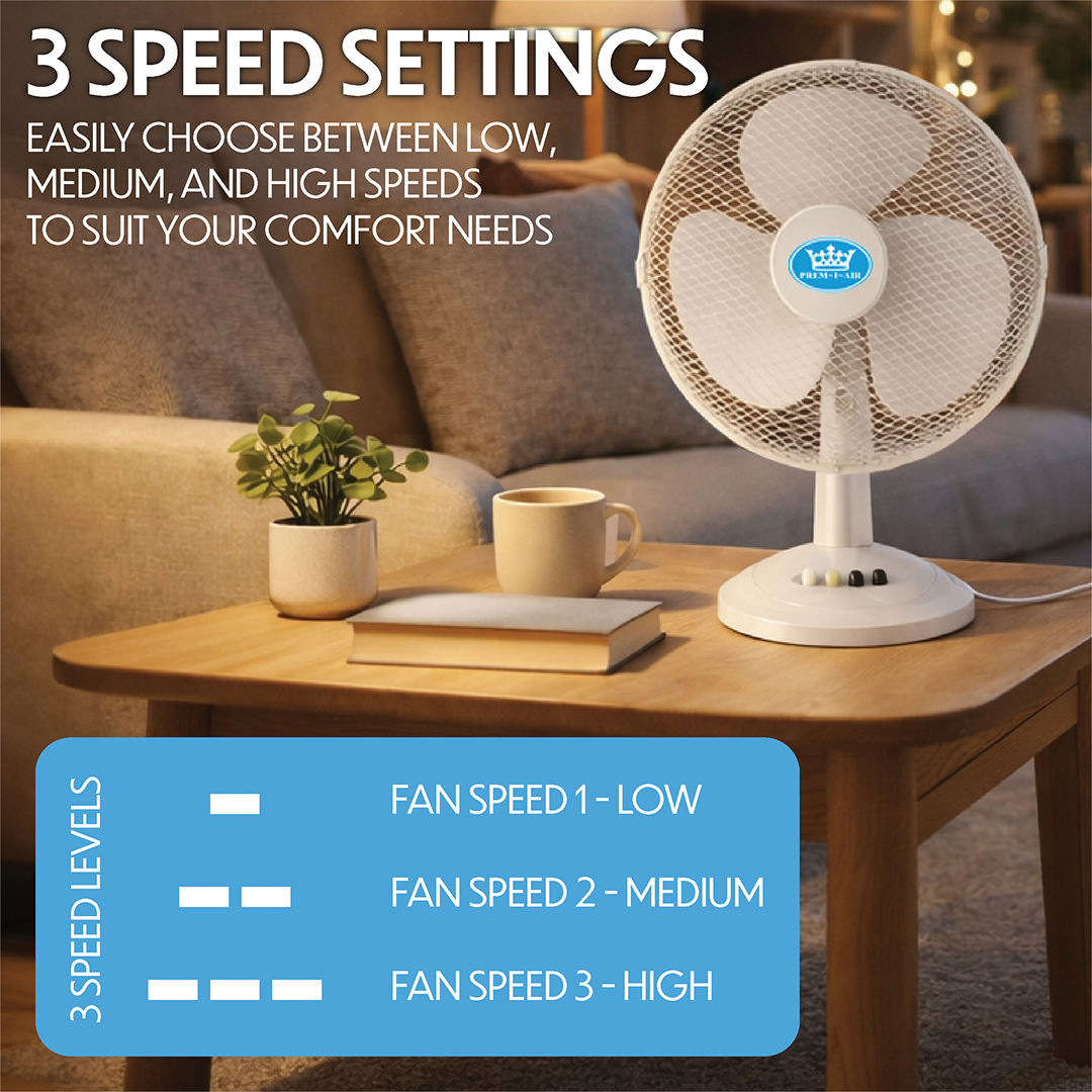 Prem-i-air 16" Compact Desk Fan - 3 Speed Settings, Oscillation & Adjustable Angle - White - EH5798