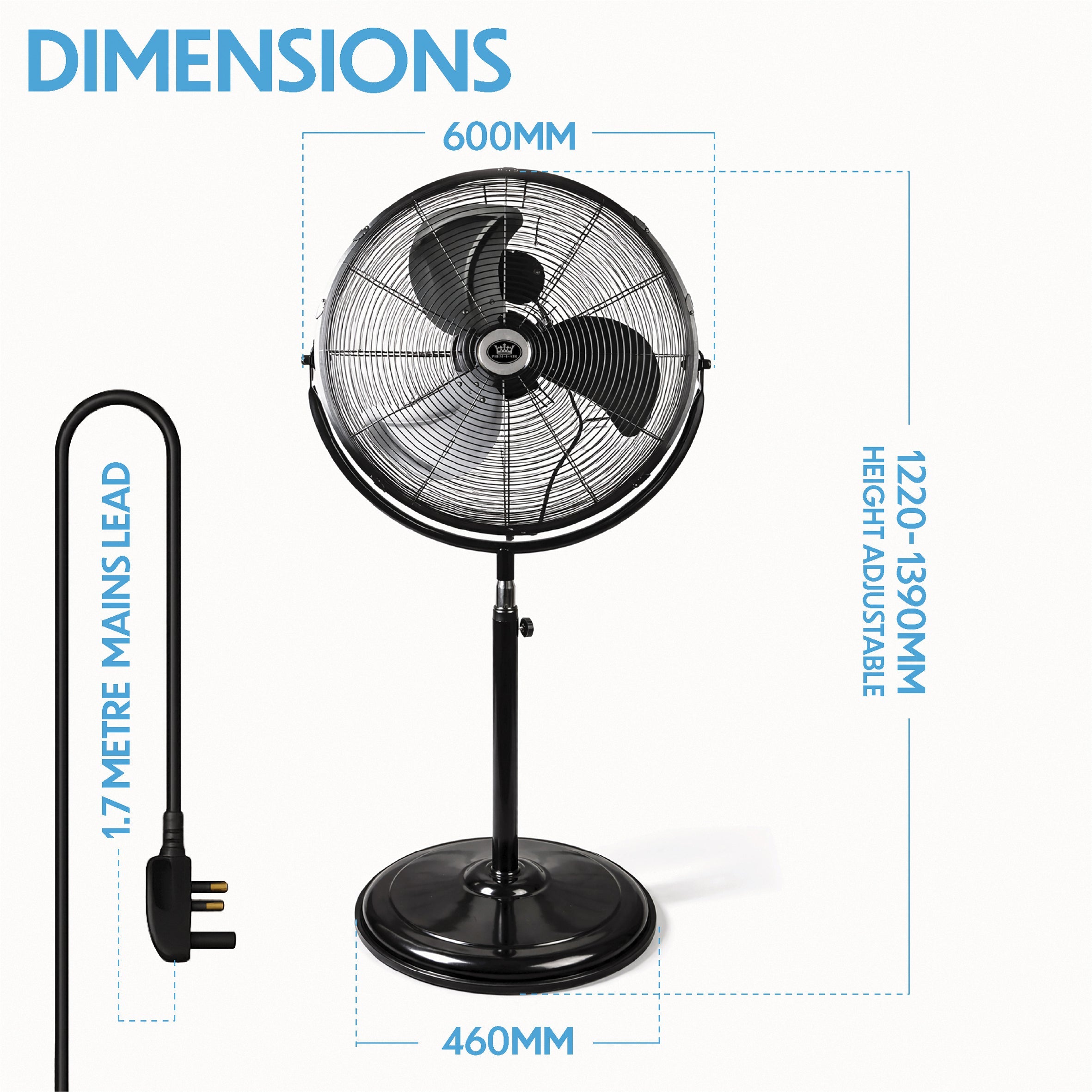 Prem-i-air 20" High Velocity Stand Fan, Adjustable Head, 3 Speeds, Robust Base & Powerful Airflow - EH5864