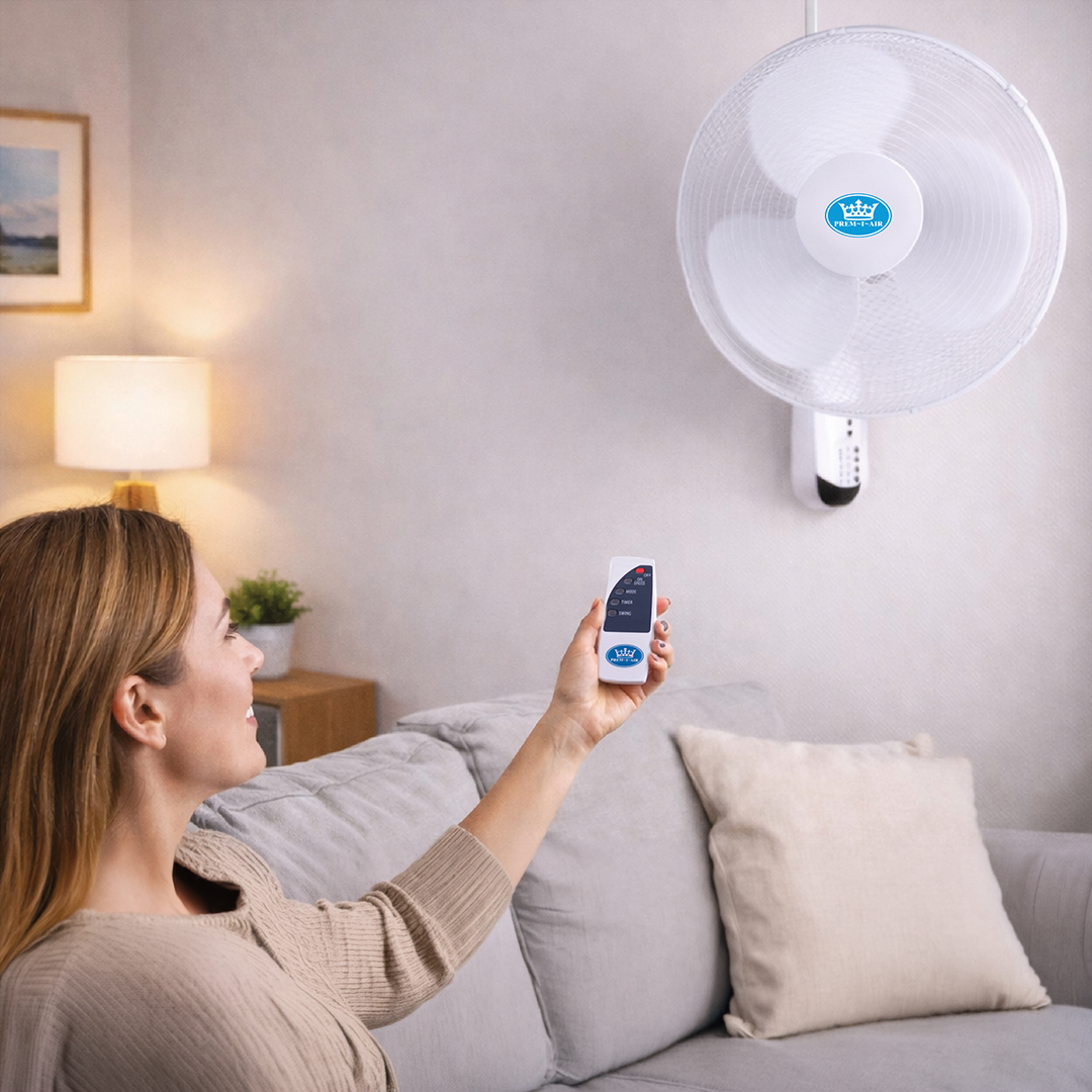 Prem-i-air 16" Wall Fan with Remote Control, 7.5-Hour Timer, 3 Speeds, Oscillation & Adjustable Head - EH5623