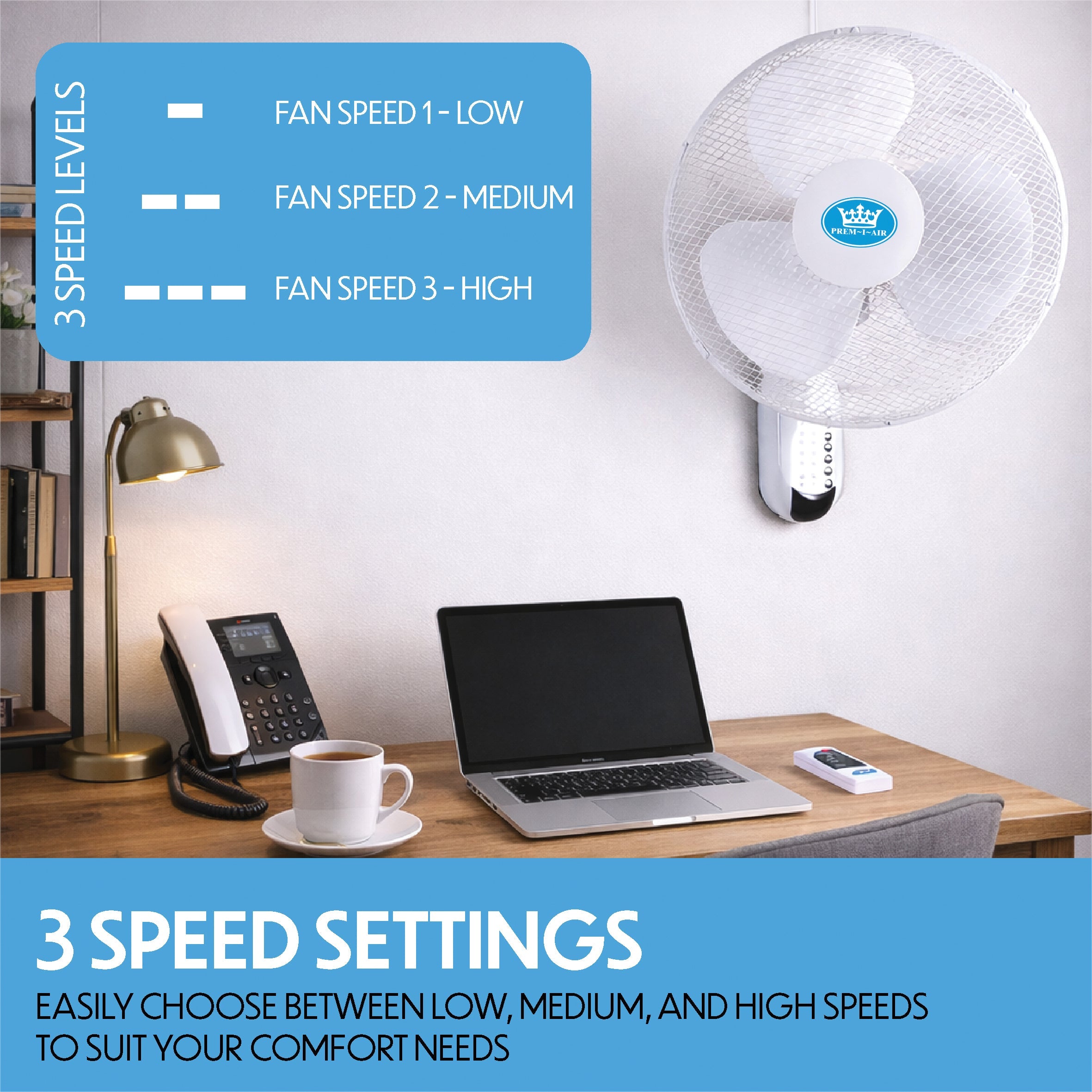 Prem-i-air 16" Wall Fan with Remote Control, 7.5-Hour Timer, 3 Speeds, Oscillation & Adjustable Head - EH5623