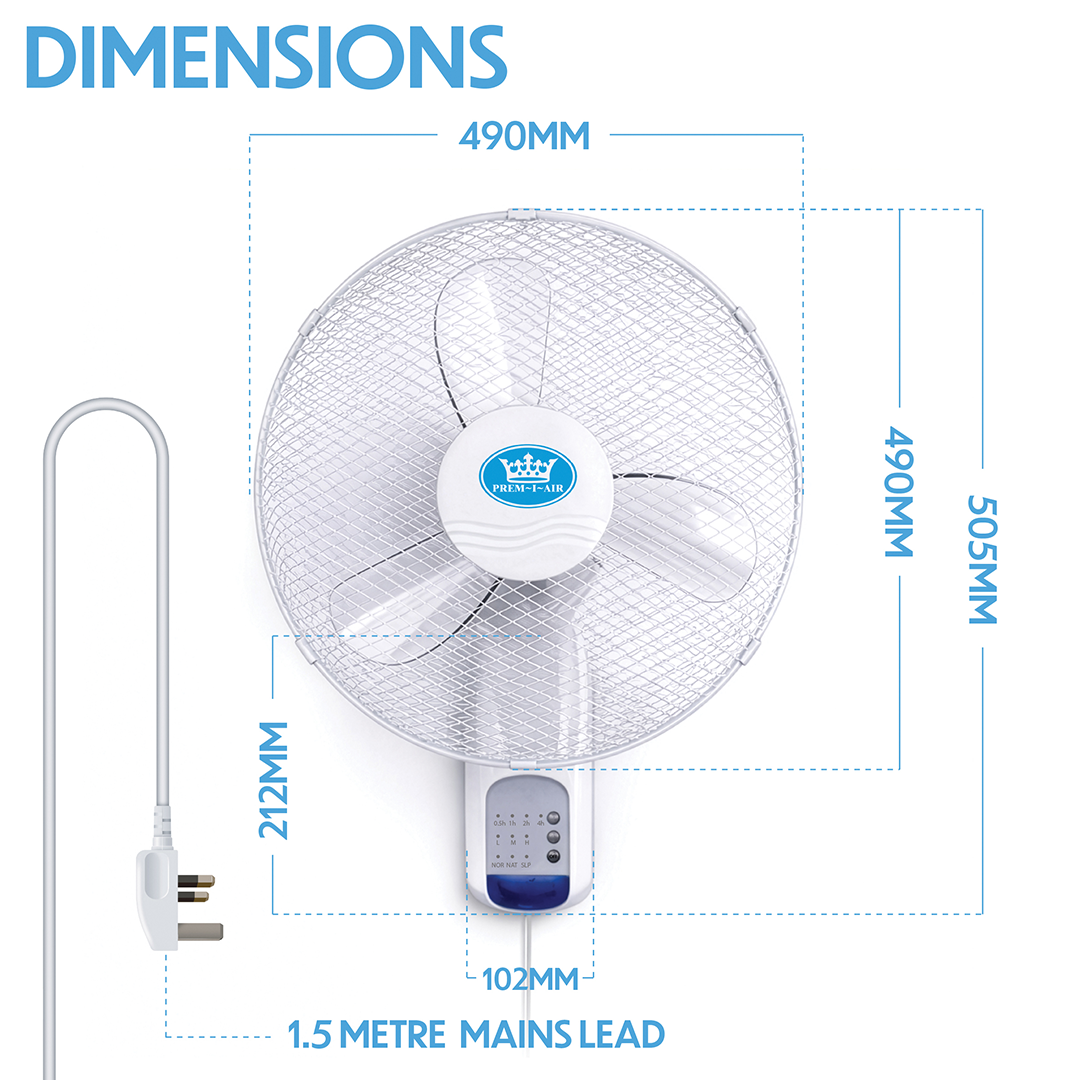 Prem-i-air 18" Wall Fan with Remote Control, 7.5-Hour Timer, 3 Speeds, Oscillation & Adjustable Head - EH5621