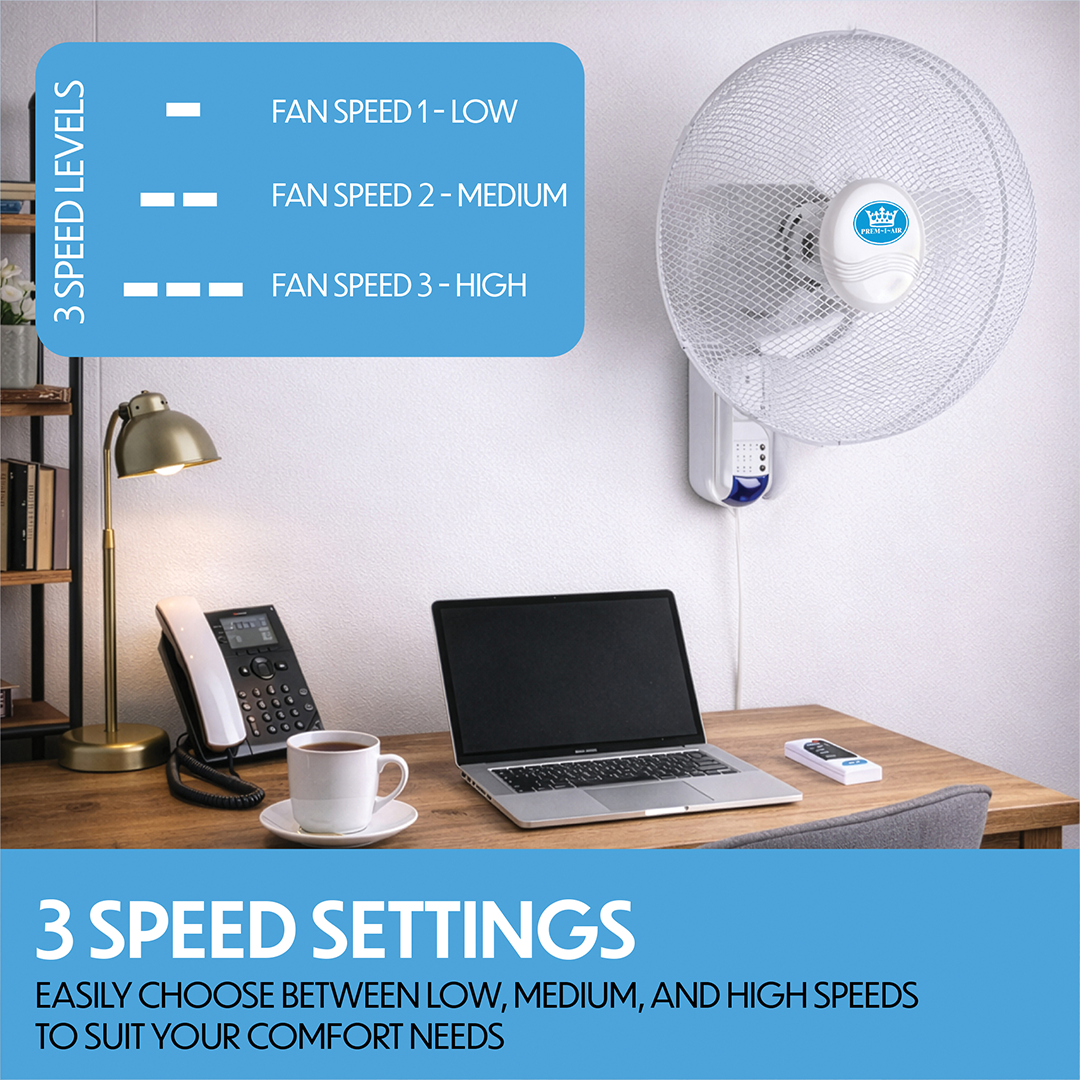 Prem-i-air 18" Wall Fan with Remote Control, 7.5-Hour Timer, 3 Speeds, Oscillation & Adjustable Head - EH5621