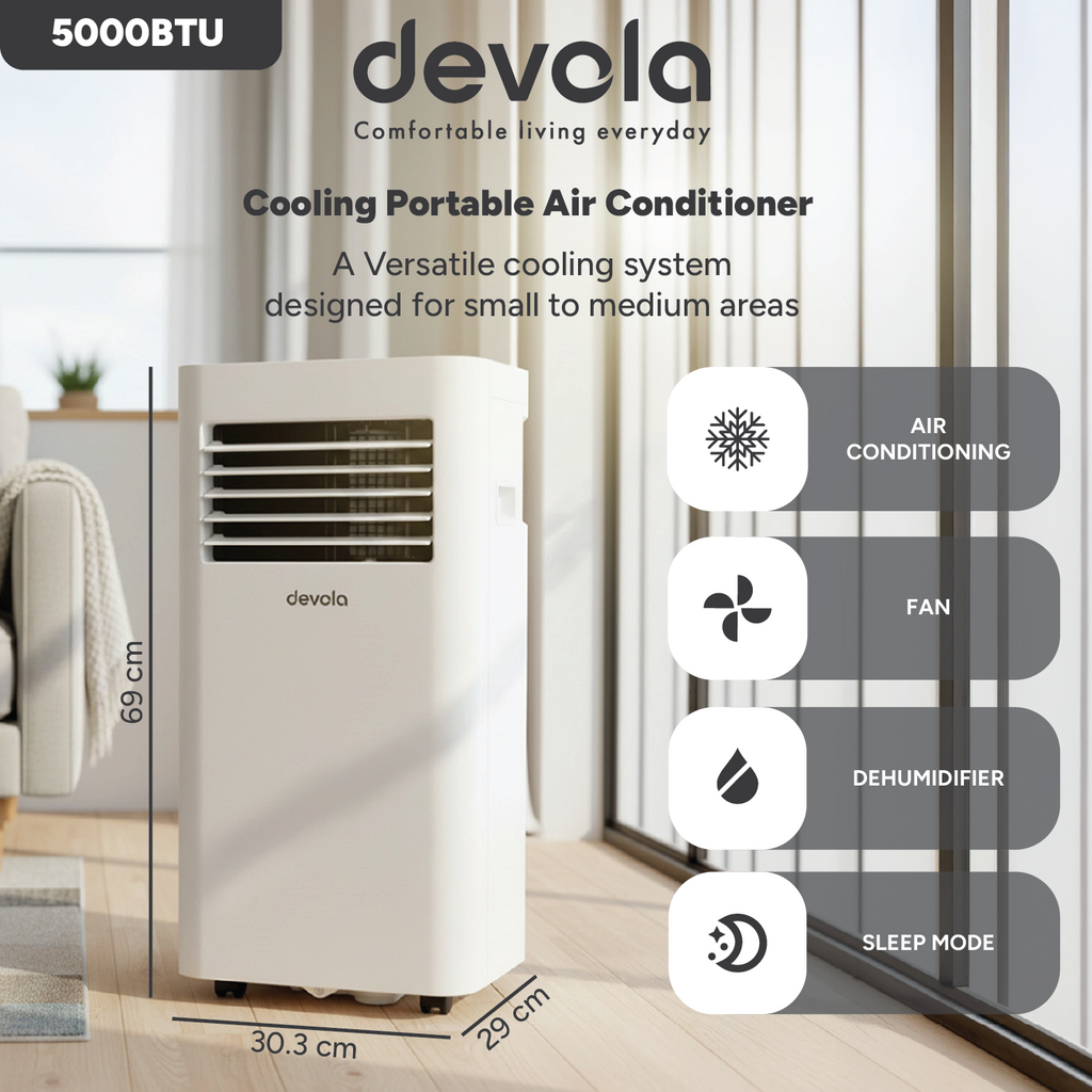 Devola Compact Portable Air Conditioner with Wi-Fi and 2x Window kits - 5000 BTU - Cooling - White - DVAC5K