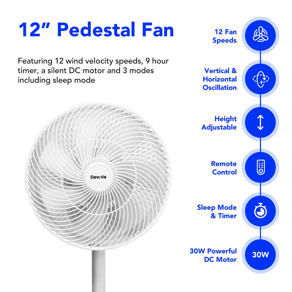Devola Low Noise 30W 12 Speed 12-inch DC Pedestal Fan - White - DV12DCPFAN