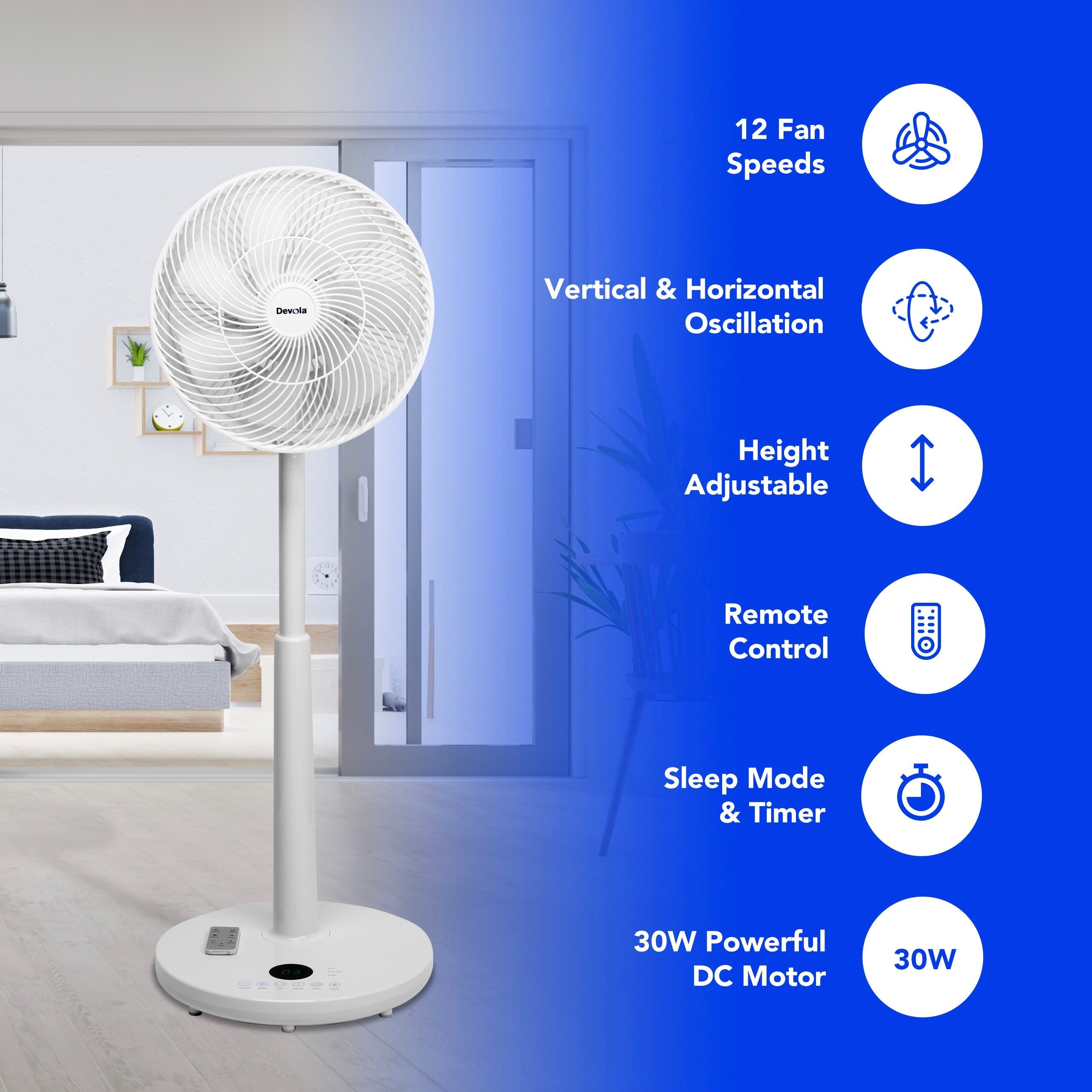 Devola Low Noise 30W 12 Speed 12-inch DC Pedestal Fan - White - DV12DCPFAN
