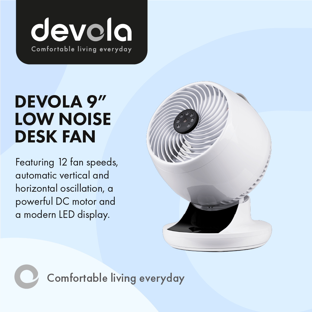 Devola Ultra Quiet 28W 12 Speed 9-inch DC Desk Fan - White - DV9DCDF