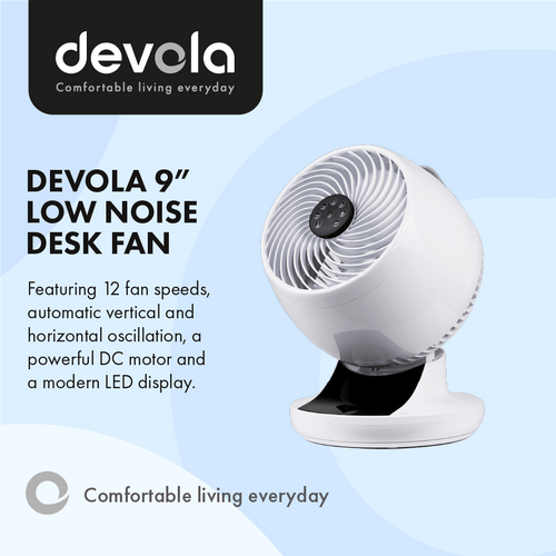 Devola Ultra Quiet 28W 12 Speed 9-inch DC Desk Fan - White - DV9DCDF