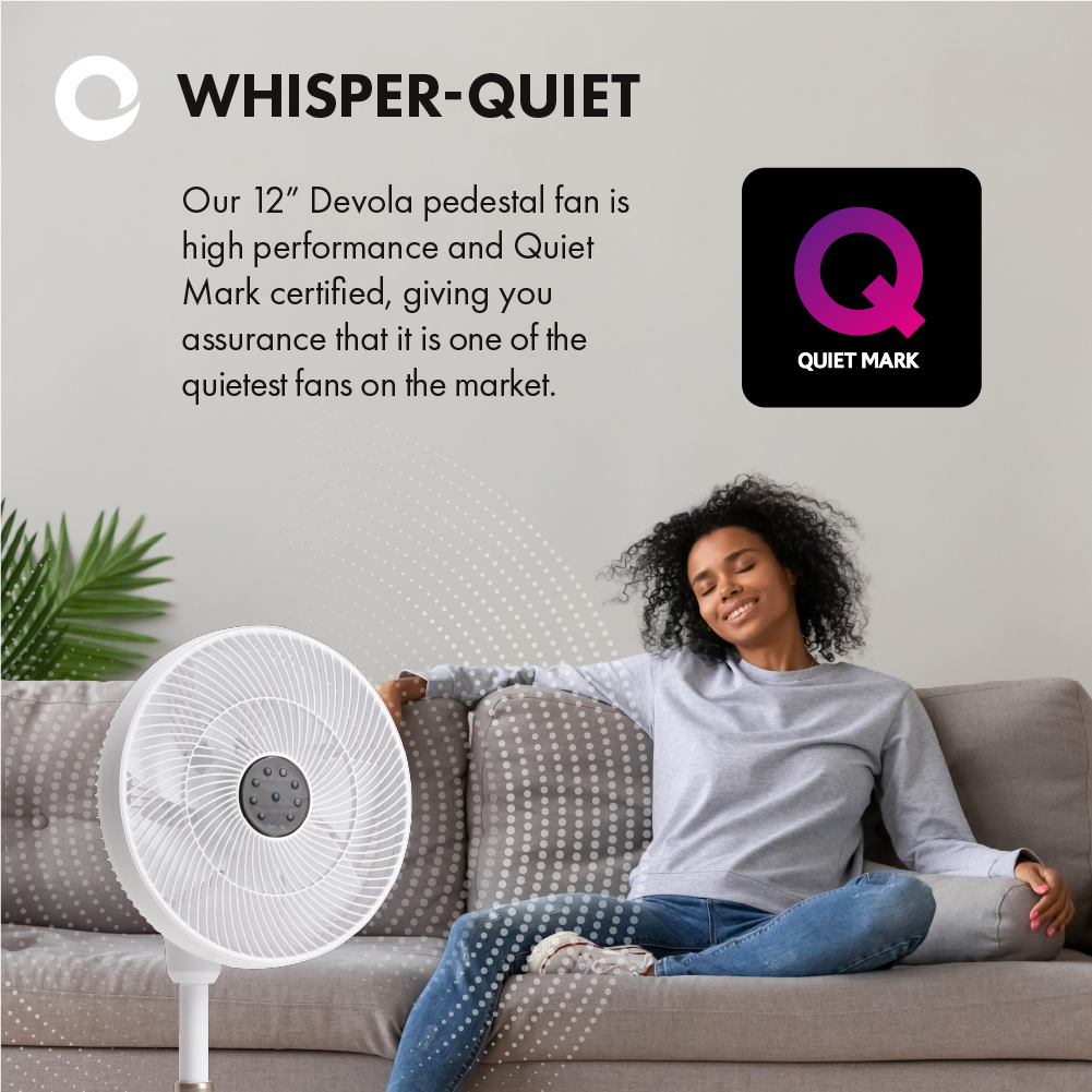 Devola Ultra Quiet 28W 12 Speed 12-inch DC Pedestal Fan - White - DV12PDQM