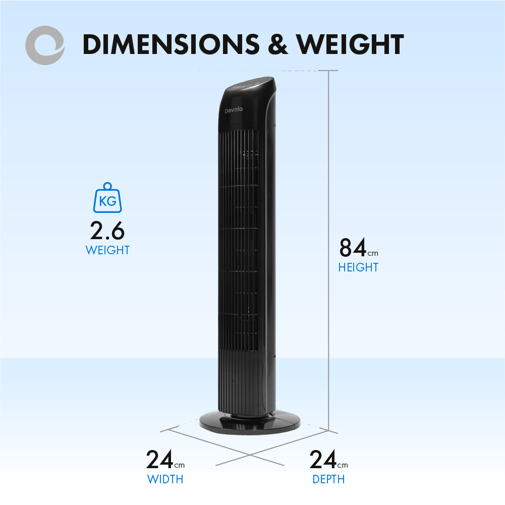 Devola Tower Fan - 3 Speed, 12 Hour Timer, Remote Controlled - Black - DV33TFB