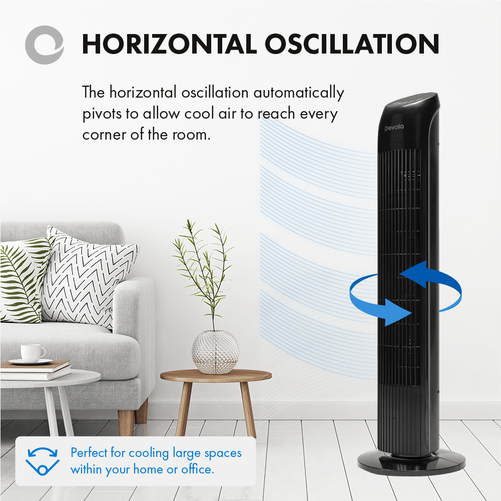 Devola Tower Fan - 3 Speed, 12 Hour Timer, Remote Controlled - Black - DV33TFB