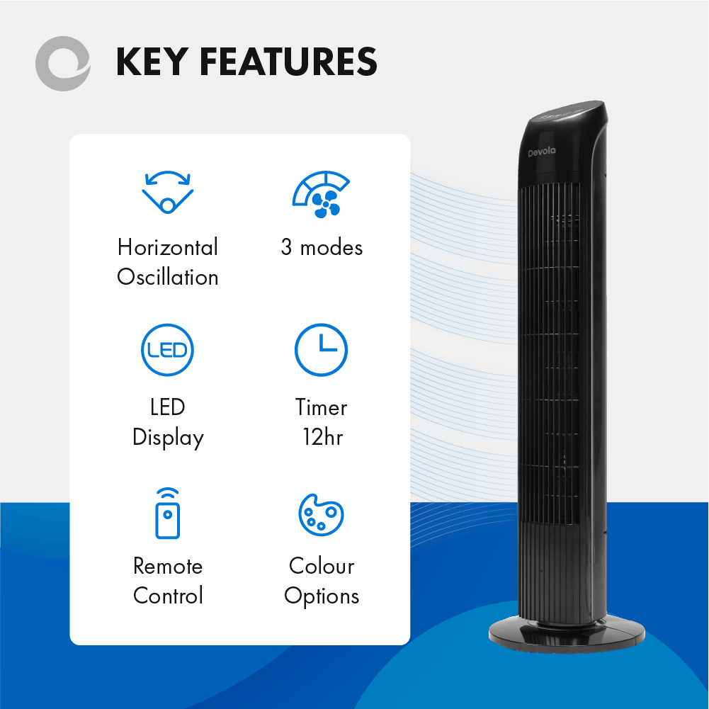 Devola Tower Fan - 3 Speed, 12 Hour Timer, Remote Controlled - Black - DV33TFB