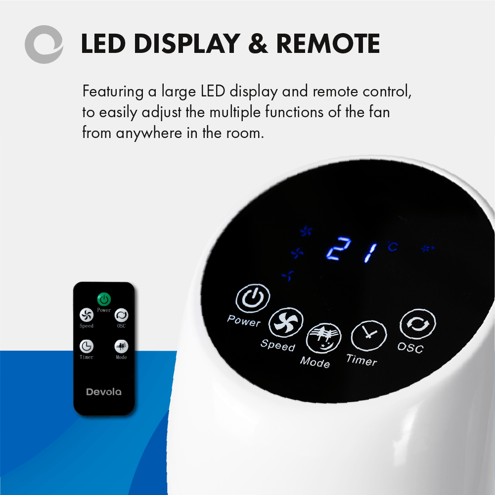 Devola Tower Fan - 3 Speed, 12 Hour Timer, Remote Controlled - White - DV33TFWH