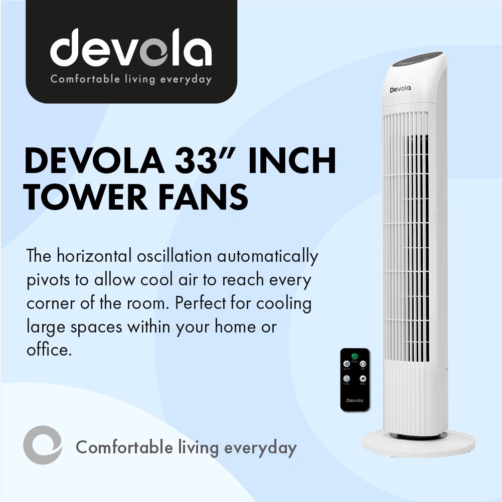 Devola Tower Fan - 3 Speed, 12 Hour Timer, Remote Controlled - White - DV33TFWH