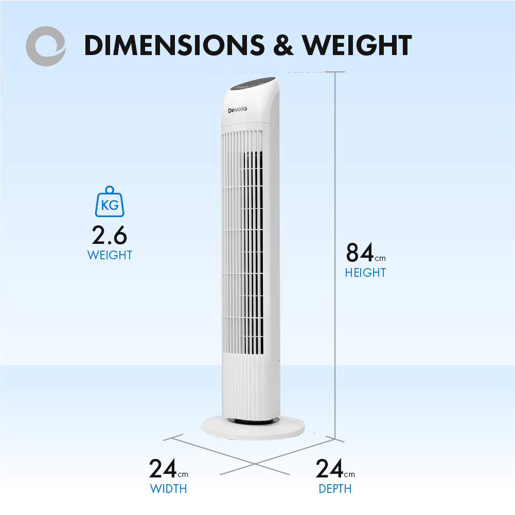 Devola Tower Fan - 3 Speed, 12 Hour Timer, Remote Controlled - White - DV33TFWH