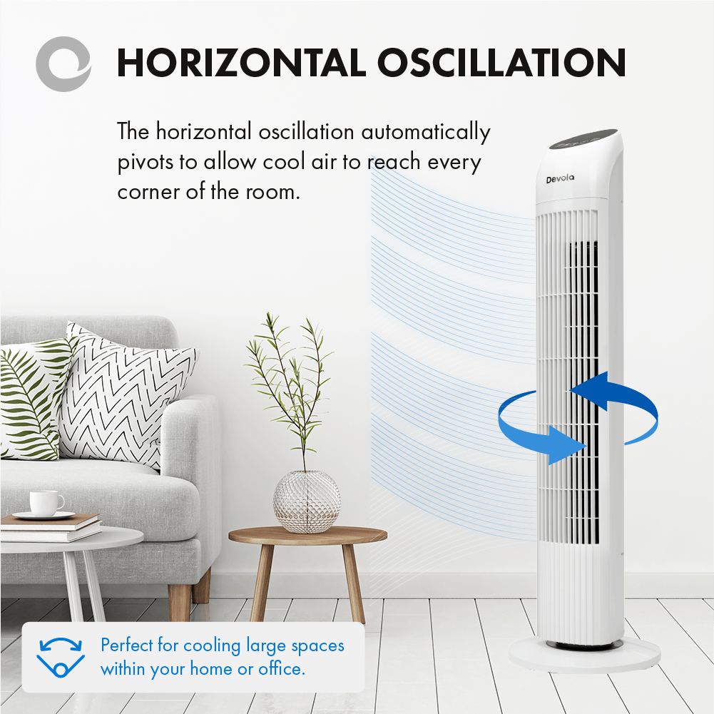 Devola Tower Fan - 3 Speed, 12 Hour Timer, Remote Controlled - White - DV33TFWH