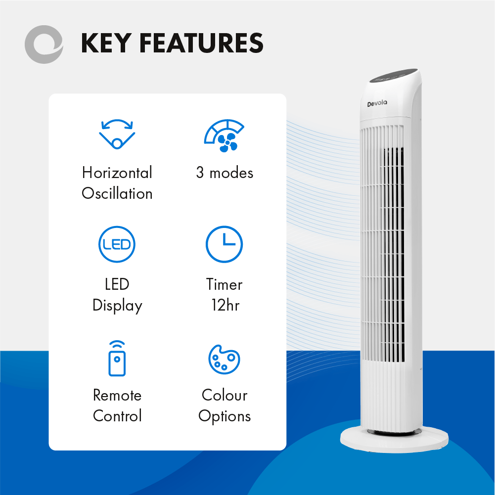 Devola Tower Fan - 3 Speed, 12 Hour Timer, Remote Controlled - White - DV33TFWH