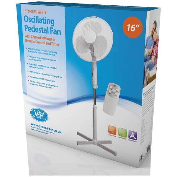 Premiair 16" Pedestal Fan With Remote (White) - EH1826