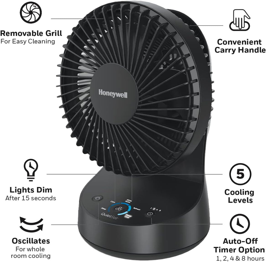 Honeywell QuietSet 5 Oscillating Table Fan, Black - Personal and Small Room Fan with Quiet Operation and 5 Levels of Power and Sound