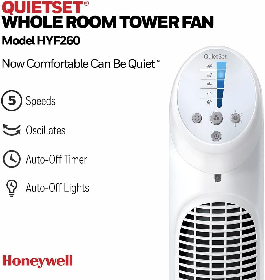 Honeywell QuietSet Whole Room Oscillating Tower Fan, 5 Speed Settings, Oscillating 80, Timer Function, Auto-Off Lights, Remote Control HYF260