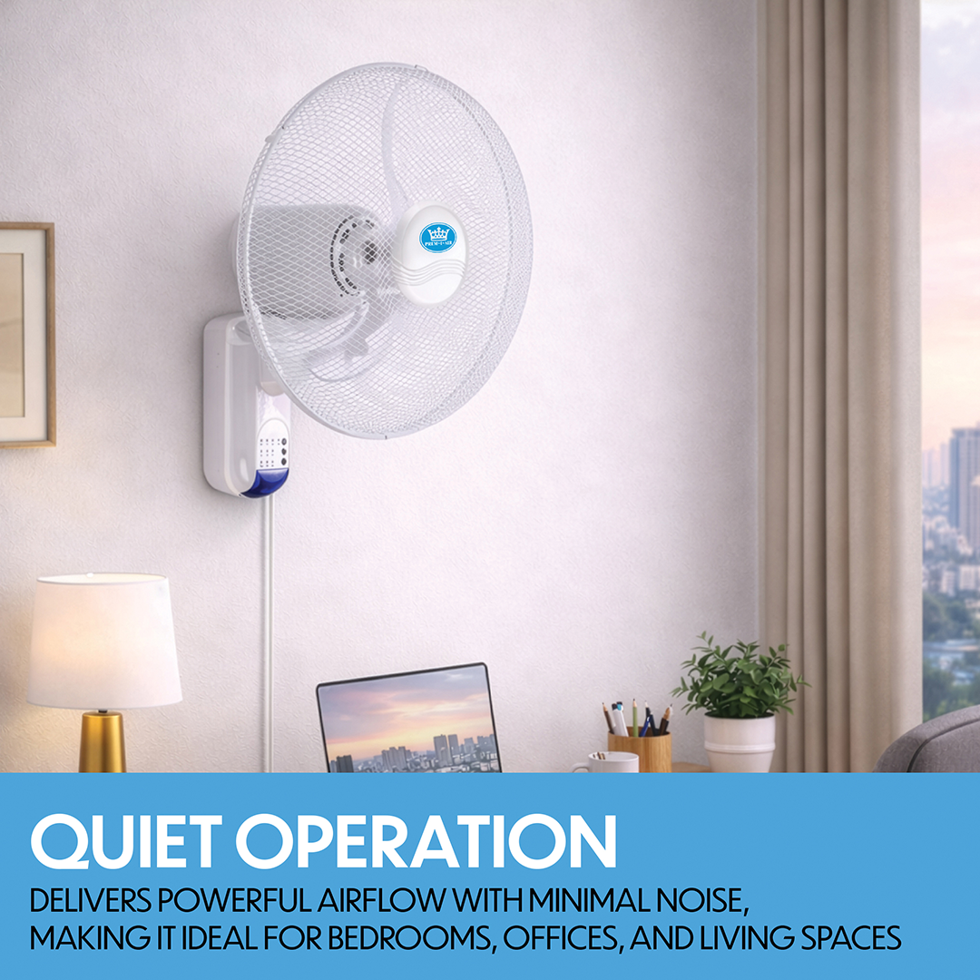 Prem-i-air 18" Wall Fan with Remote Control, 7.5-Hour Timer, 3 Speeds, Oscillation & Adjustable Head - EH5621